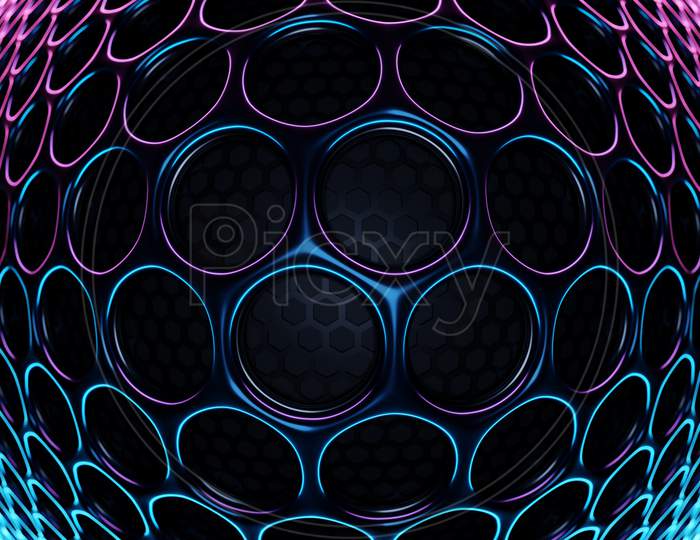 3D Illustration Of Rows Of Black  Circles Under Pink And Blue Neon Light .Set Of Circles On Monocrome Dark Background, Pattern. Geometry  Background