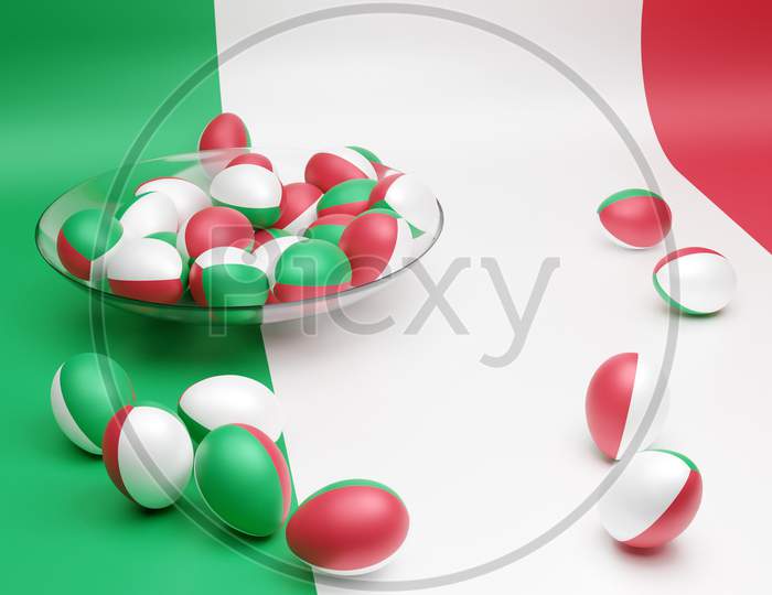 3D Illustration Of Balls With The Image Of The National Flag Of The Italy
 On An Isolated Background. State Symbol And Patriotic