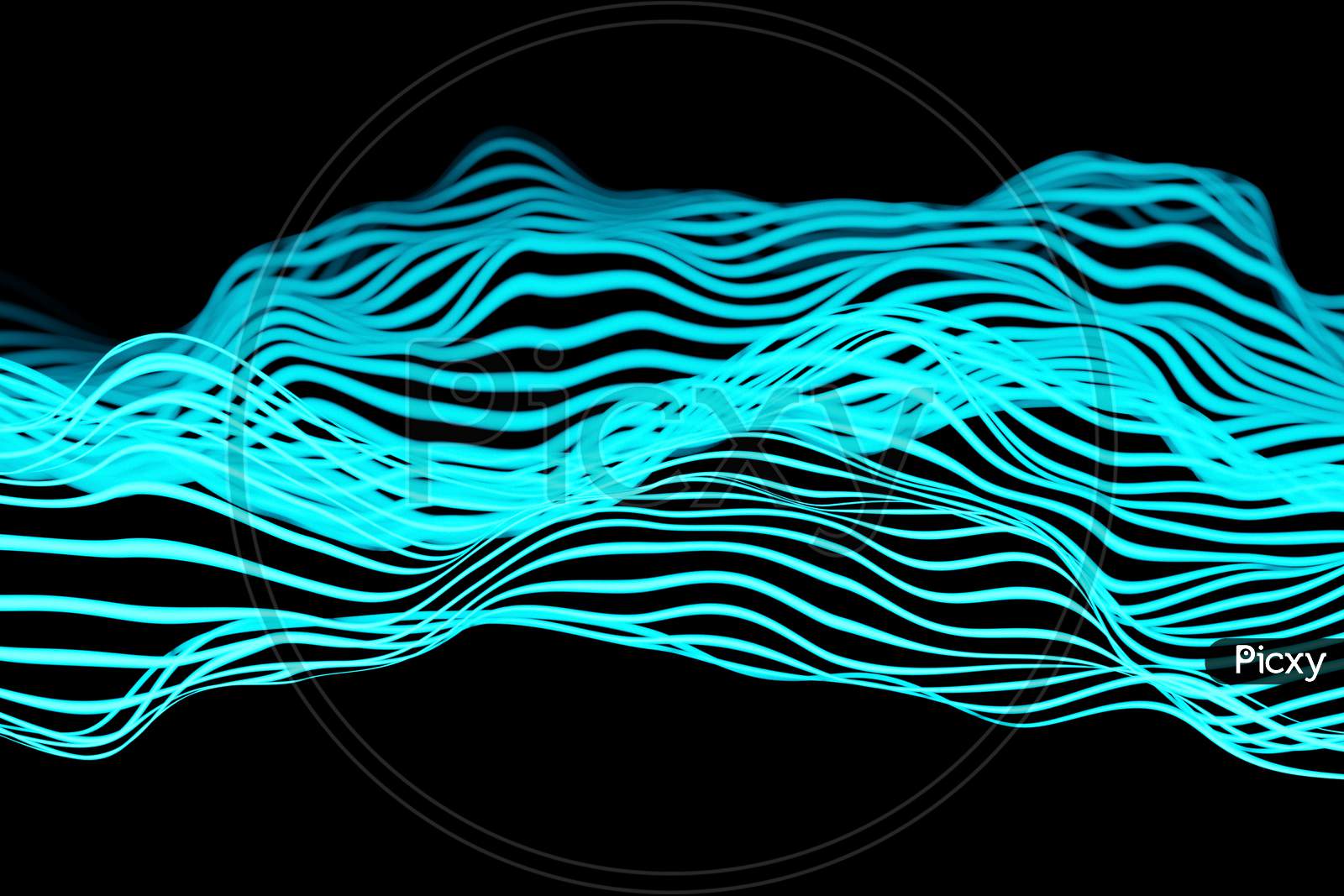 3D Illustration Of Blue Glowing Color Lines. Musical Line Equalizers On Black Isolated Background