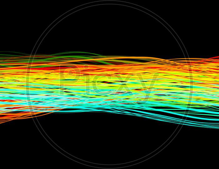 3D Illustration Of  Design Colorful Abstract Digital Sound Wave On A Black Background. Voice Recognition, Equalizer, Audio Recorder. Microphone Button With Sound Wave. Symbol Of Intelligent Technology.