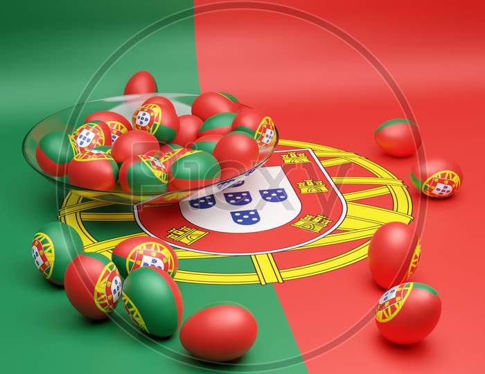 3D Illustration Of Balls With The Image Of The National Flag Of The Portugal
 On An Isolated Background. State Symbol And Patriotic