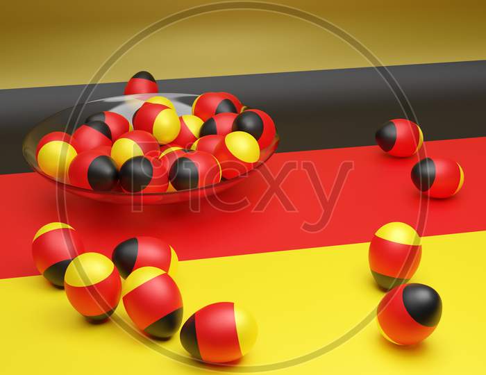 3D Illustration Of Balls With The Image Of The National Flag Of The Germany
 On An Isolated Background. State Symbol And Patriotic