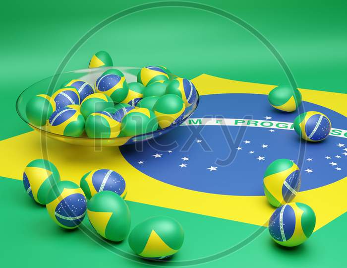 3D Illustration Of Balls With The Image Of The National Flag Of The Brazil
  On An Isolated Background. State Symbol And Patriotic