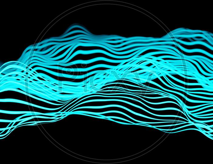 3D Illustration Of Blue Glowing Color Lines. Musical Line Equalizers On Black Isolated Background