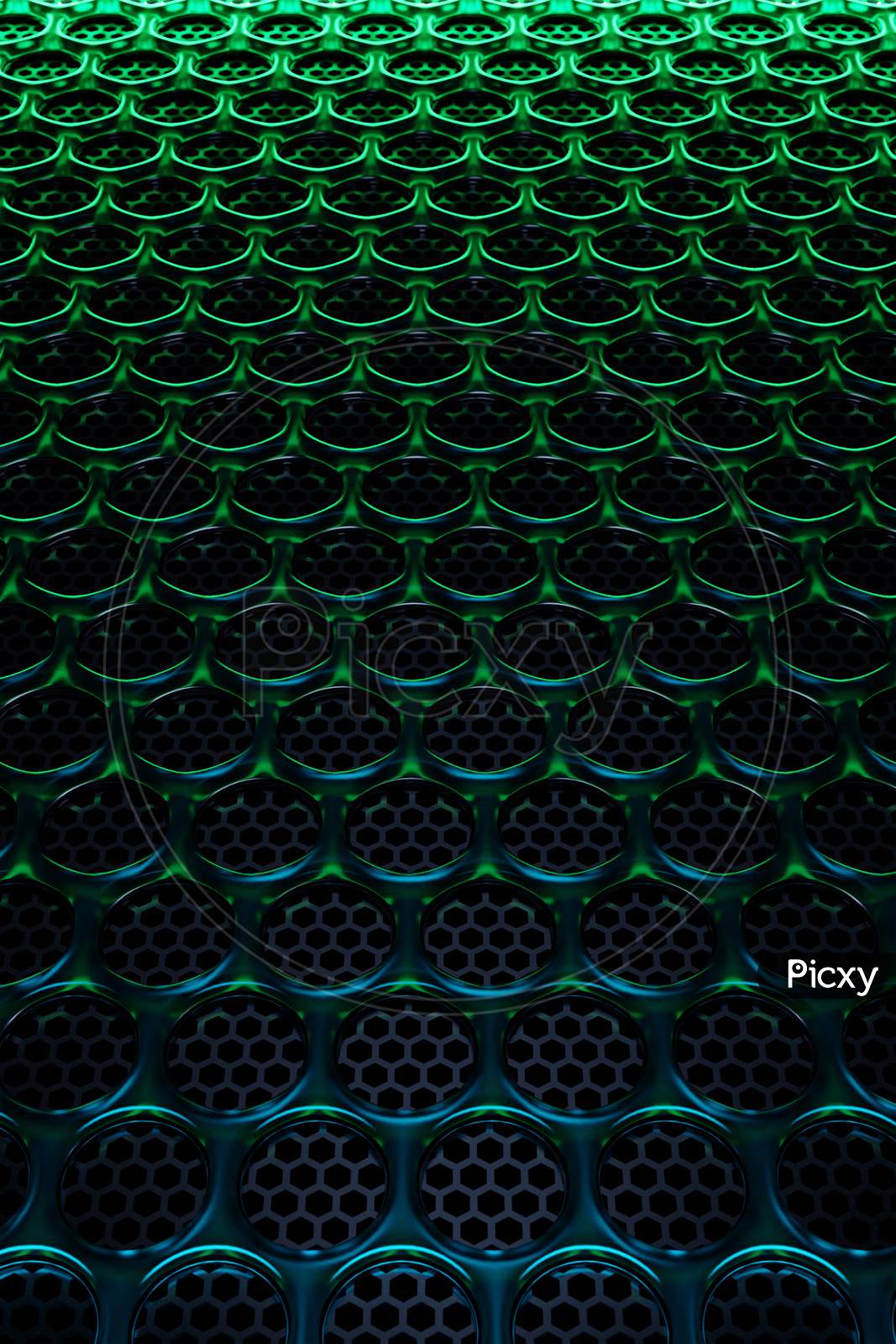 3D Illustration Of Rows Of Black  Circles Under Green  Neon Light .Set Of Circles On Monocrome Dark Background, Pattern. Geometry  Background