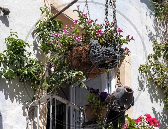 Flowerpots Hanging From A Balcony In The Old Town Of Marbella