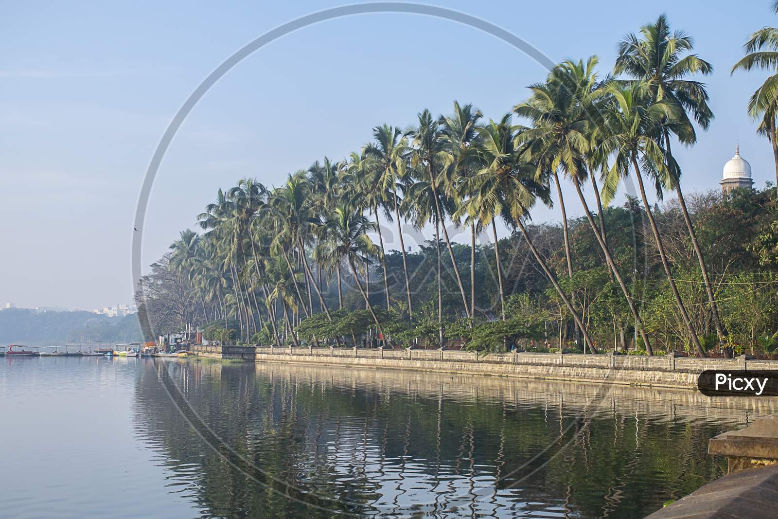 Stock Photo Of Beautiful Old Rankala Lake Surrounded By Coconut Trees And Reflected In Lake Water. Picture Captured Morning Of Winter Season At Kolhapur City Maharashtra India.