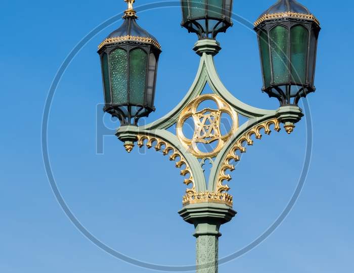 Ornate Lamps On Westminster Bridge In London
