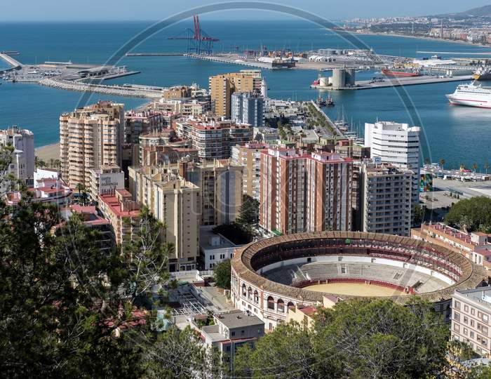 View Of The Harbour Area And Bullring In Malaga
