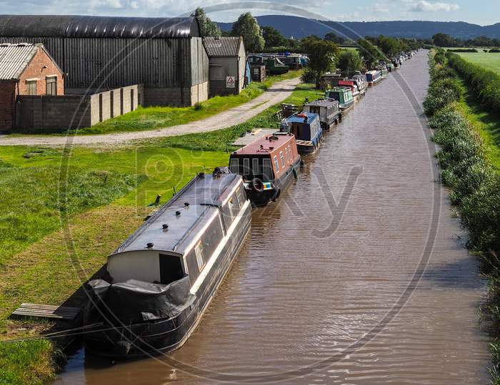 Narrow Boats Moored Along The Shropshire Union Canal