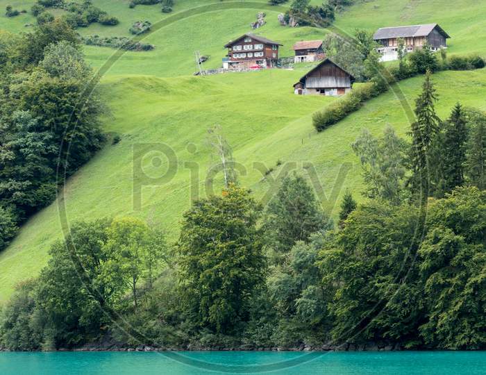 View Houses Along The Sarnersee Near Sachseln Obwalden In Switzerland