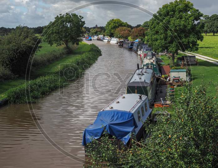 Narrow Boats Moored Along The Shropshire Union Canal
