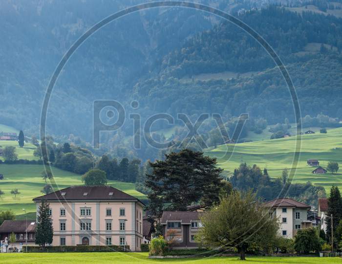 View Buildings Near The Sarnersee At Sachseln Obwalden In Switzerland