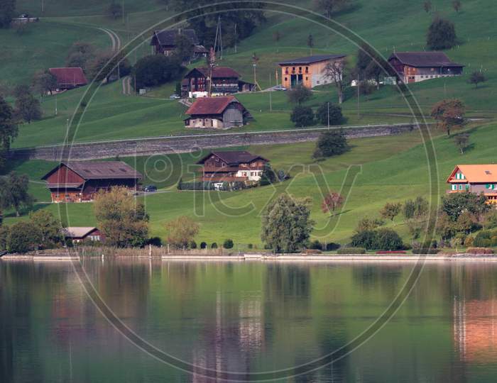View Of Buildings Across The Sarnersee From Sachseln Obwalden In Switzerland