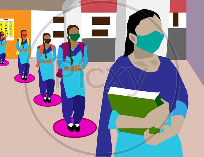 Female Students standing in Queue during covid19 Illustration Image