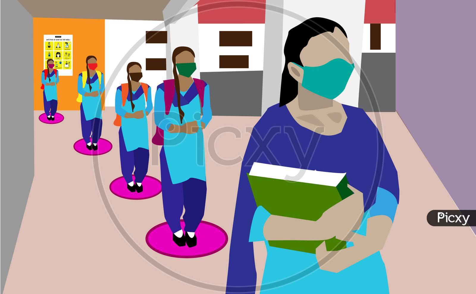 Female Students standing in Queue during covid19 Illustration Image
