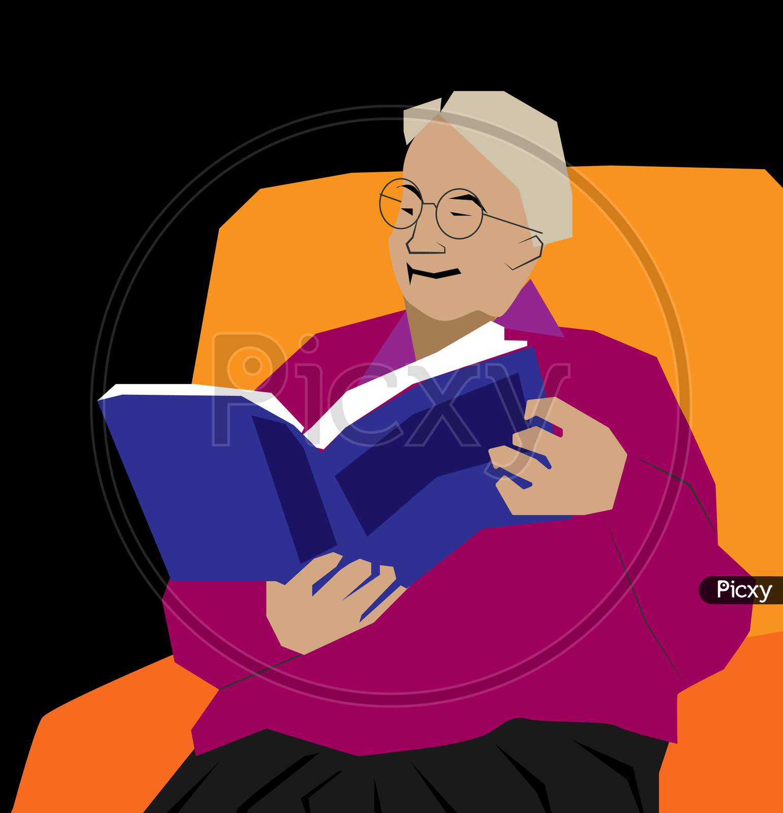 Indian Old Lady reading a book illustration image