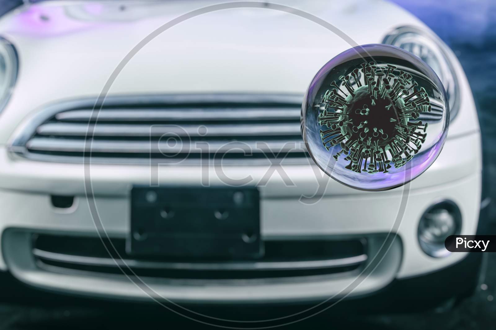 3D Rendering. Сlose-Up Of The Covid-2019 Virus On A White Car Background. Pandemic Medical Coronavirus Concept With Car. The Impact Of Coronavirus On The Automotive Industry In The World