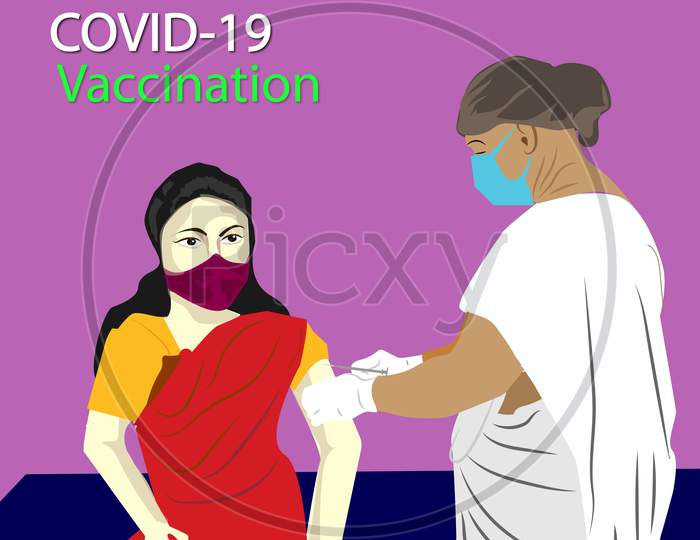 Covid-19 vaccination, doctor injecting a patient, Medical doctor wearing protective mask giving a vaccine shot in arm, muscle injection. coronavirus immunization, vector illustration image
