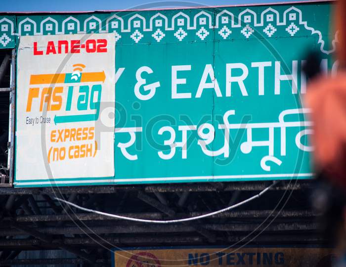 Overhead Boards On A Toll Booth Showing The Rfid Fastag Cashless Payment Option Initiated By National Highway Authority Of India Nhai To Speed Up Traffic Pan India