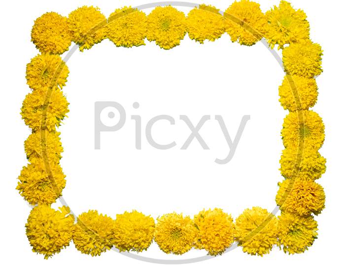 Yellow Colored Gaillardia Flowers Arranged In Square Shape As A Frame With Isolated In White Colored Background.