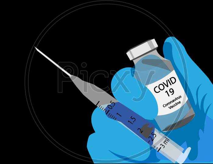 Possible cure with a hand in blue medical gloves holding Coronavirus, Covid 19 virus, vaccine vial