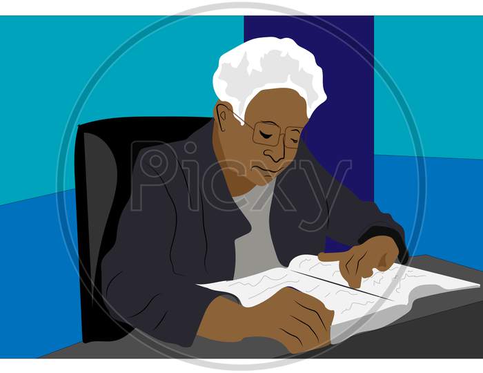 Old lady using a computer on a wooden table illustration image