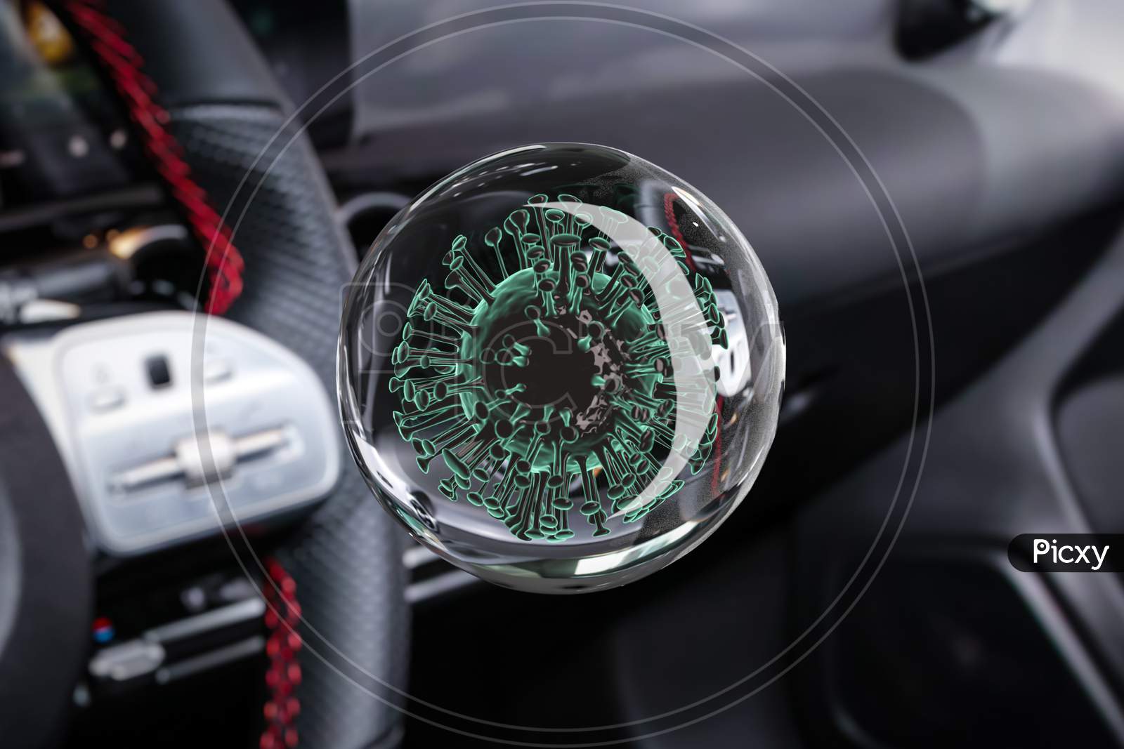 3D Rendering. Сlose-Up Of The Covid-2019 Virus On A  Car Panel Background. Pandemic Medical Coronavirus Concept With Car. The Impact Of Coronavirus On The Automotive Industry In The World