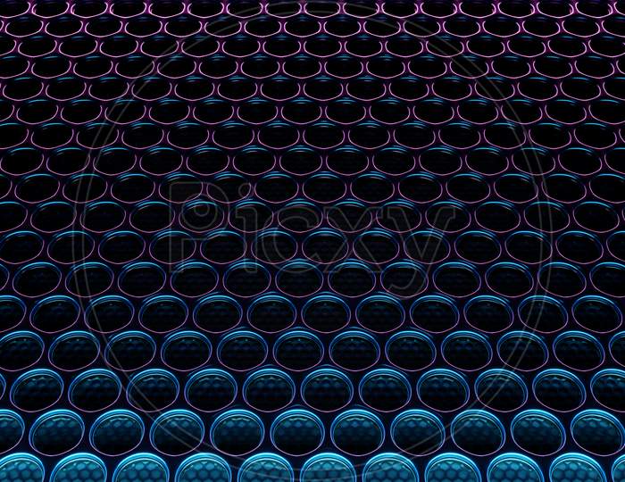 3D Illustration Of Rows Of Black  Circles Under Pink And Blue Neon Light .Set Of Circles On Monocrome Dark Background, Pattern. Geometry  Background