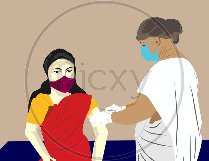 Covid-19 vaccination, doctor injecting a patient, Medical doctor wearing protective mask giving a vaccine shot in arm