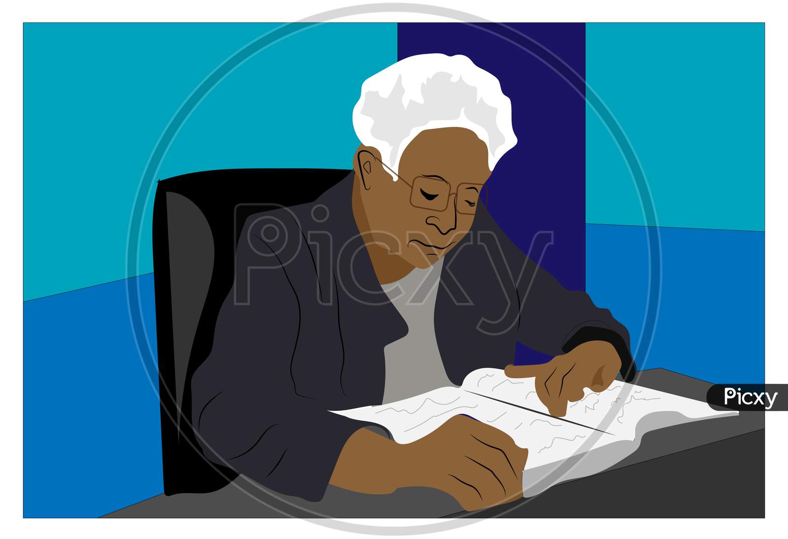 Old lady using a computer on a wooden table illustration image