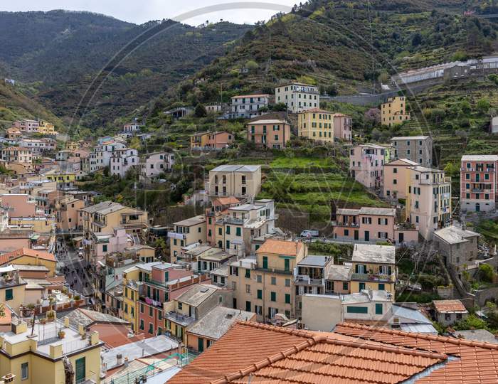 Riomaggiore, Liguria/Italy  - April 21 : View Of Riomaggiore Liguria Italy On April 21, 2019. Unidentified People