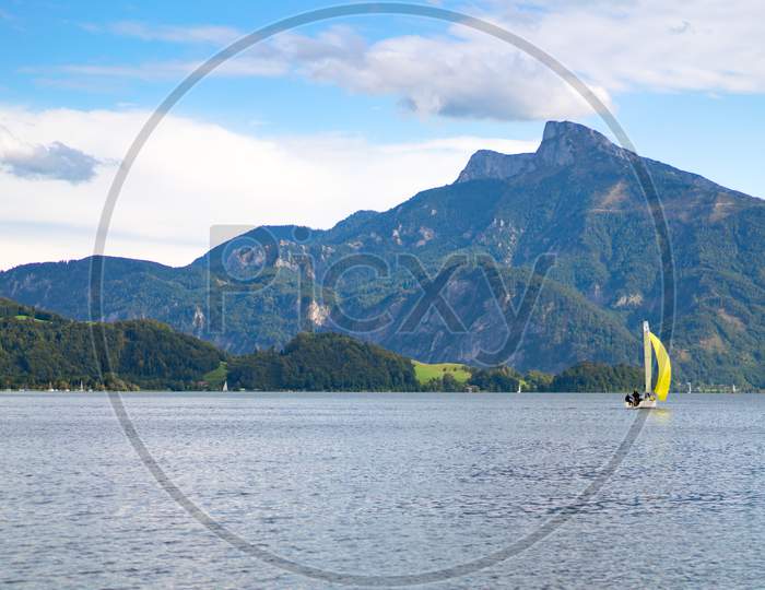 Yachts Sailing On Lake Mondsee In Austria