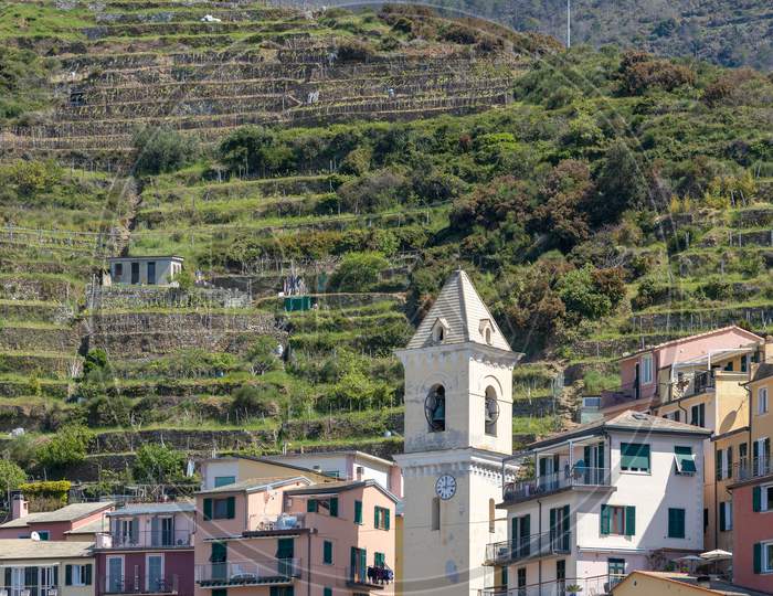 Manarola, Liguria/Italy  - April 20 : View Of The Belltower At Manarola Liguria Italy On April 20, 2019
