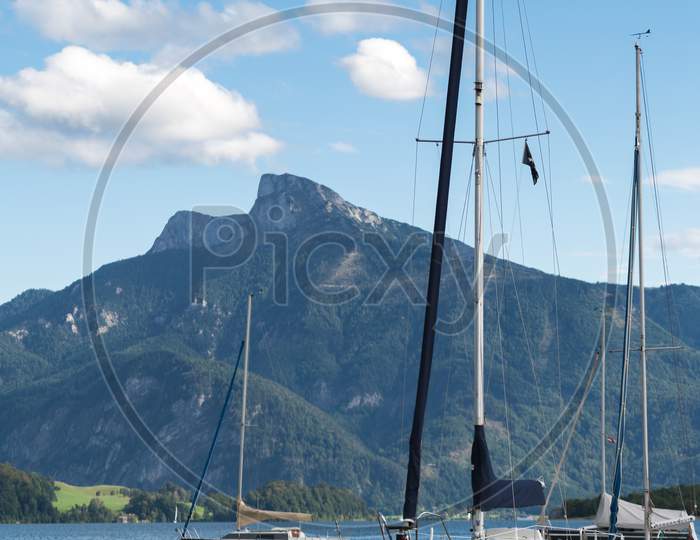 Yachts Moored At Lake Mondsee In Austria