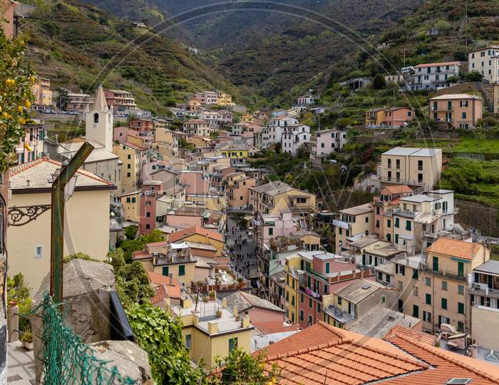Riomaggiore, Liguria/Italy  - April 21 : View Of Riomaggiore Liguria Italy On April 21, 2019. Unidentified People