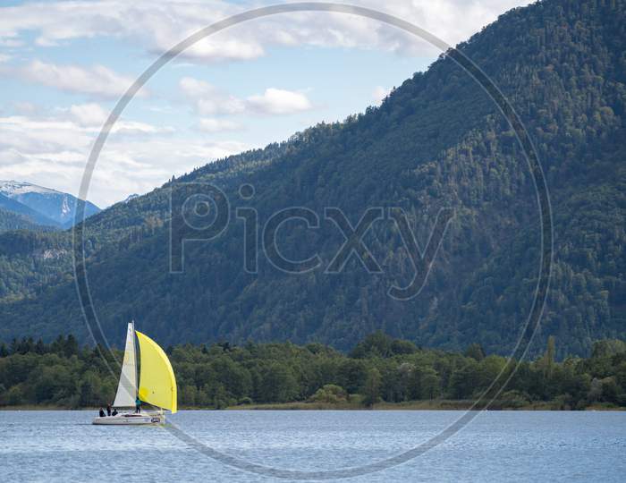 Yacht Sailing On Lake Mondsee In Austria