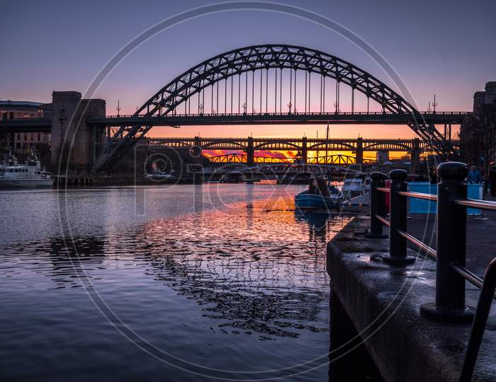 Newcastle Upon Tyne, Tyne And Wear/Uk - January 20 : Sunset Over The Bridges Of Newcastle Upon Tyne, Tyne And Wear On January 20, 2018. Unidentified People