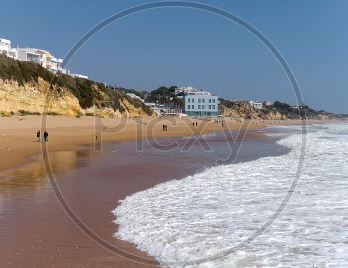 Albufeira, Southern Algarve/Portugal - March 10 : View Of The Beach At Albufeira In Portugal On March 10, 2018. Unidentified People