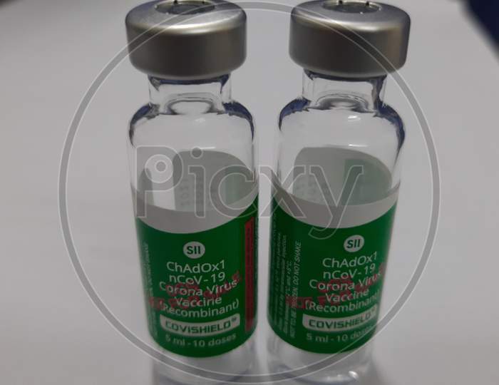 Closeup Photo Of Covishield Vaccine Vials With A White Background..