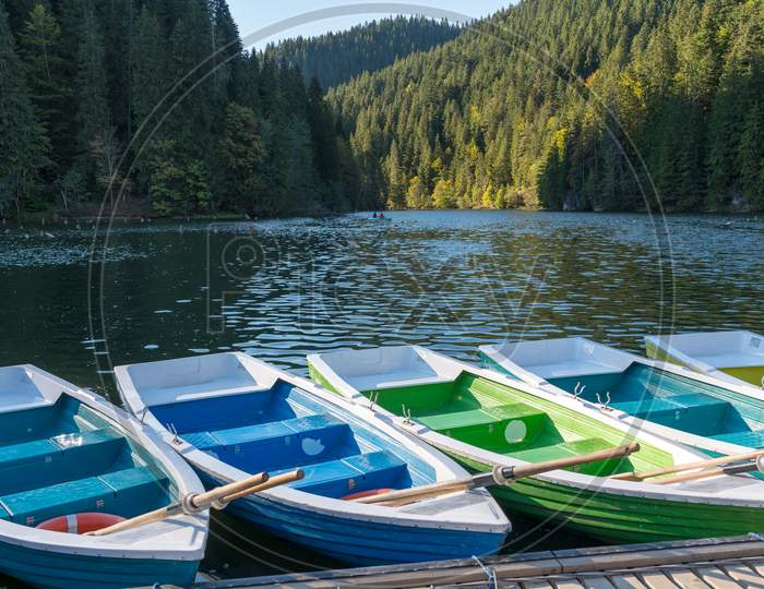 Red Lake, Eastern Carpathians/Romania - September 19 : Rowing Boats Moored At The Red Lake In The Eastern Carpathians Romania On September 19, 2018