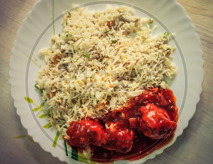 Delicious Egg Fried Rice with Spicy Chilli Chicken