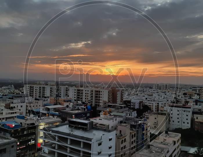 Sunset view of city