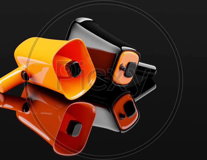 Group  Black  And  Orange   Glass Loudspeakers On A Black   Monochrome Background. 3D Illustration Of A Megaphone. Advertising Symbol, Promotion Concept.