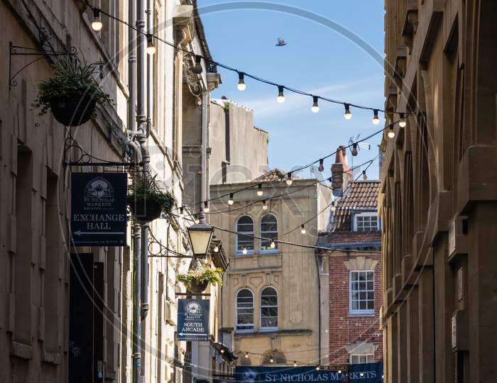 Bristol, Uk - May 14 : View Towards St Nicholas Market Buildings In Bristol On May 14, 2019. Unidentified People