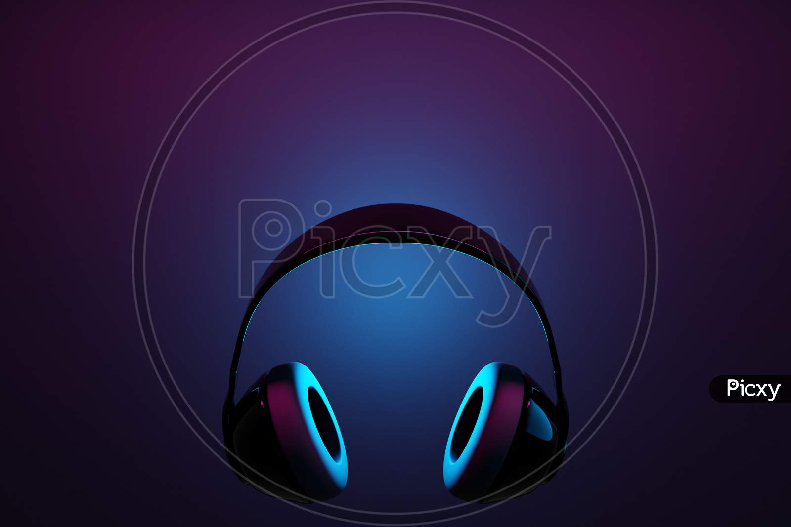 3D Illustration Realistic Black Wireless Headphones Isolated On Black Background Under Pink And Blue Neon Light. Sound Music Headphones. Audio Technology. Modern Headphones