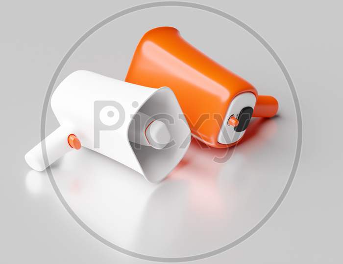 Group White And  Orange   Glass Loudspeakers On A Gray  Monochrome Background. 3D Illustration Of A Megaphone. Advertising Symbol, Promotion Concept.