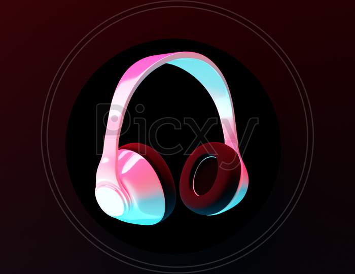 3D Illustration Realistic  White Wireless Headphones Isolated On Black Background Under Pink And Blue Neon Light. Sound Music Headphones. Audio Technology. Modern Headphones