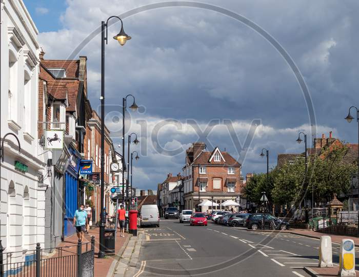 East Grinstead, West Sussex/Uk - August 3 : View Of Shops In The High Street In East Grinstead On August 3, 2020. Unidentified People