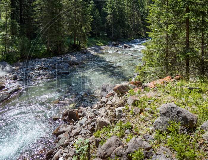 View Of The River Or Torrent In The Natural Park Of Paneveggio Pale Di San Martino In Tonadico, Trentino, Italy